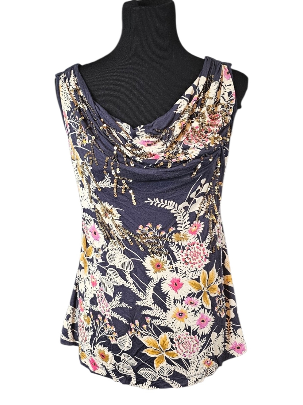 Deletta Anthropologie Floral Sequin Cowl Neck Tank Top Small Boho